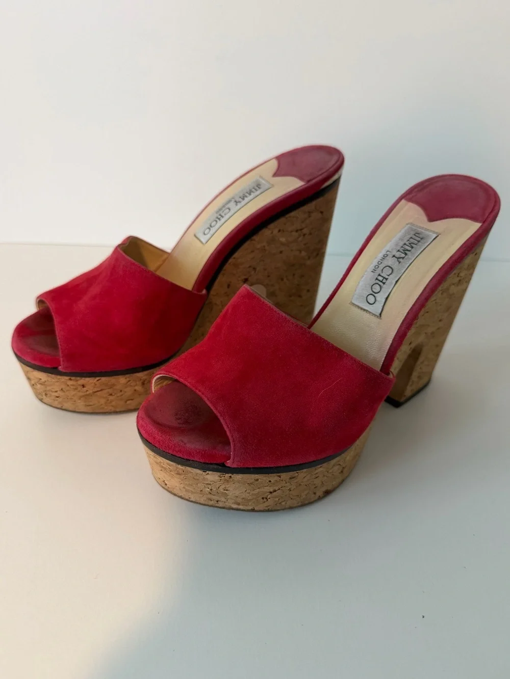 Jimmy Choo Deedee Red Suede Cork Platform Heels, Size 7.5